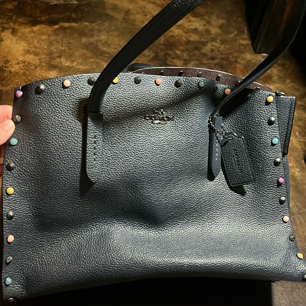 Dark Navy Blue Coach Purse with Multicolored Beading